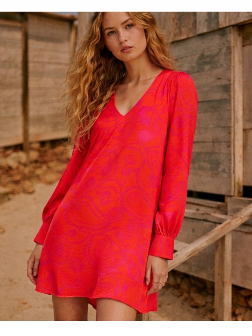Sezane Shauna Relaxed Mini Dress Verone Orange Pink Floral Long Sleeve Mini Sz 2